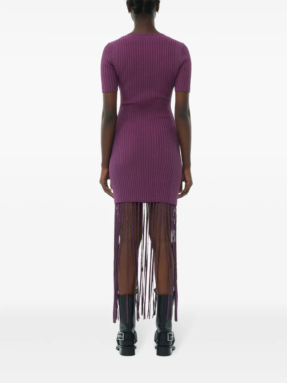 Shop Ganni Fringed Ribbed-knit Dress In Purple