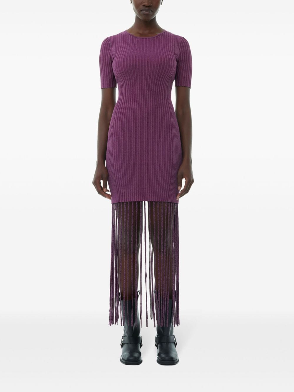 Shop Ganni Fringed Ribbed-knit Dress In Purple