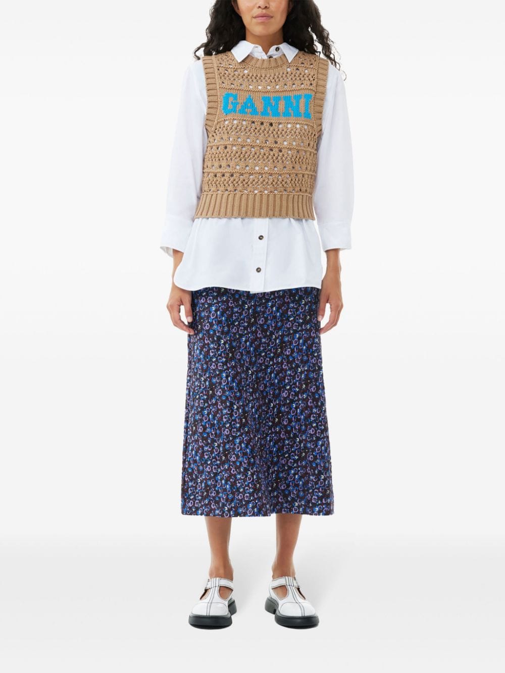 GANNI logo-intarsia knitted top - Bruin