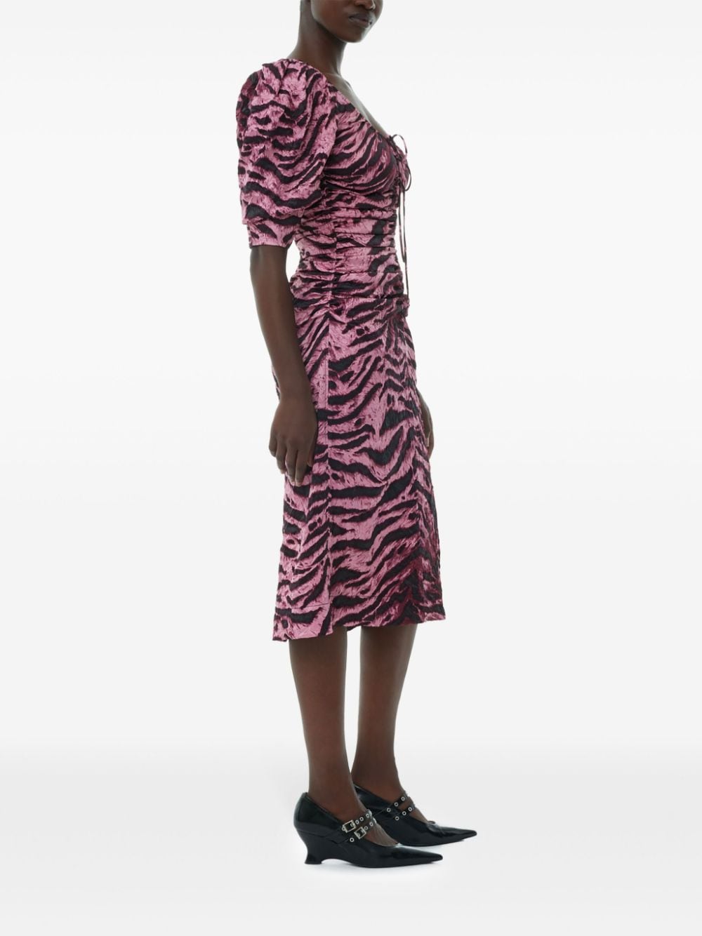 Shop Ganni Tiger-print Crinkled Midi Dress In Rosa
