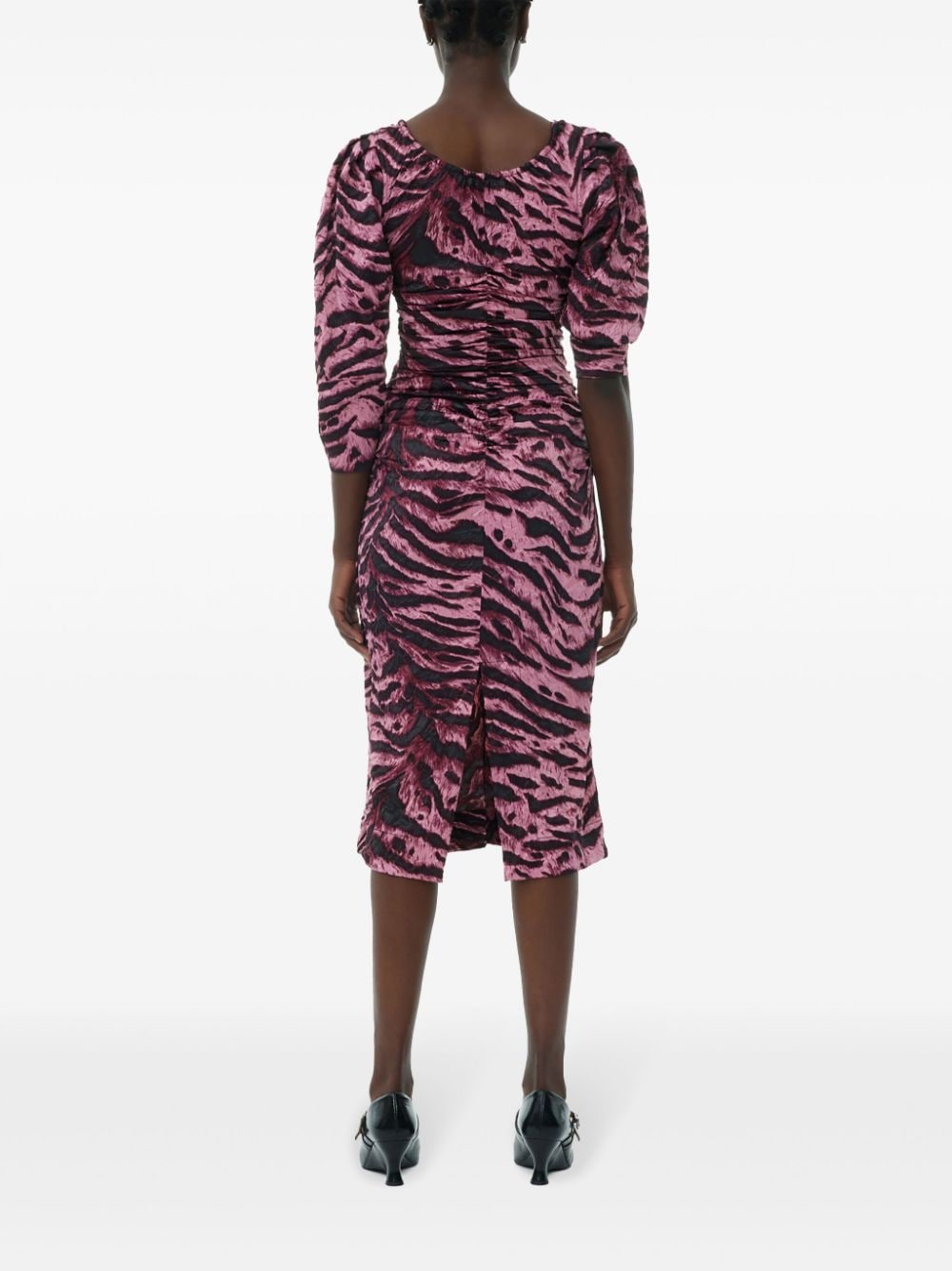Shop Ganni Tiger-print Crinkled Midi Dress In Rosa