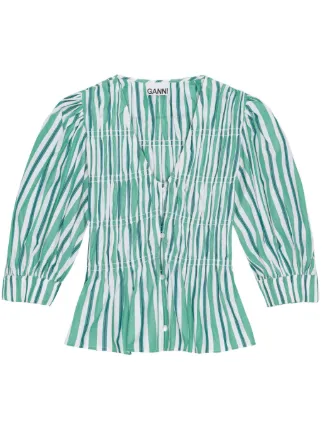 ホットなアイテム、ホットな節約 GANNI Striped Organic Cotton Blouse | Green | FARFETCH トップス