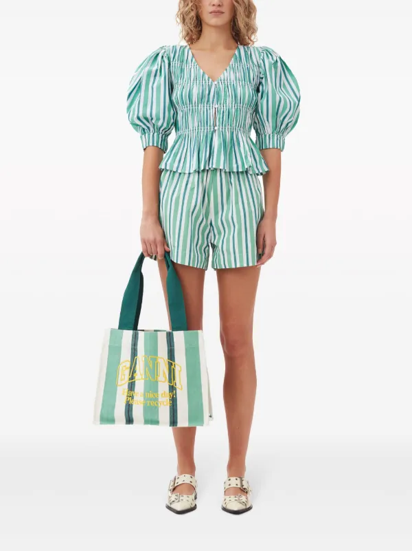 GANNI Striped Organic Cotton Blouse | Green | FARFETCH AU