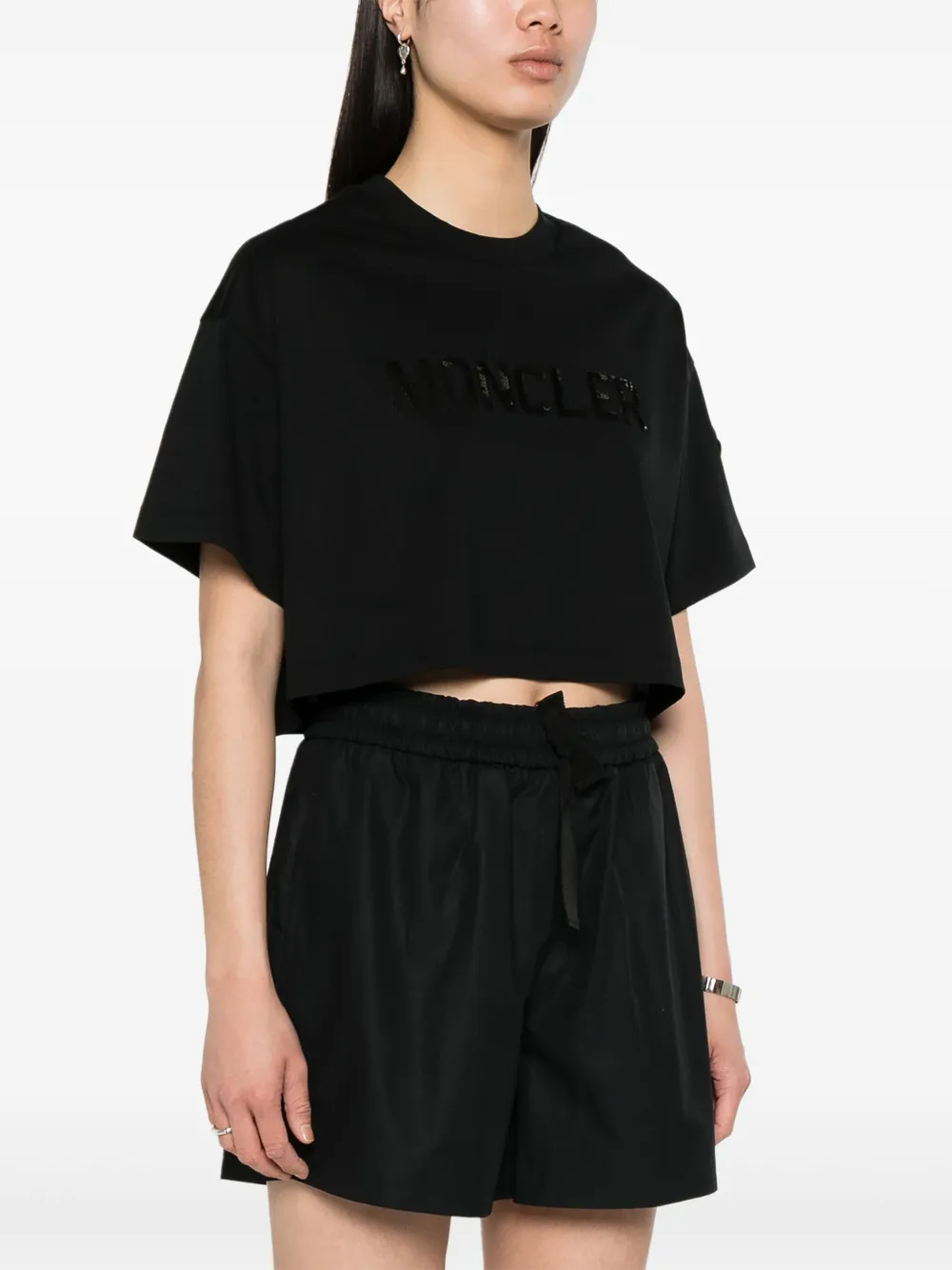 Shop Moncler Sequin-logo Cropped T-shirt In Black