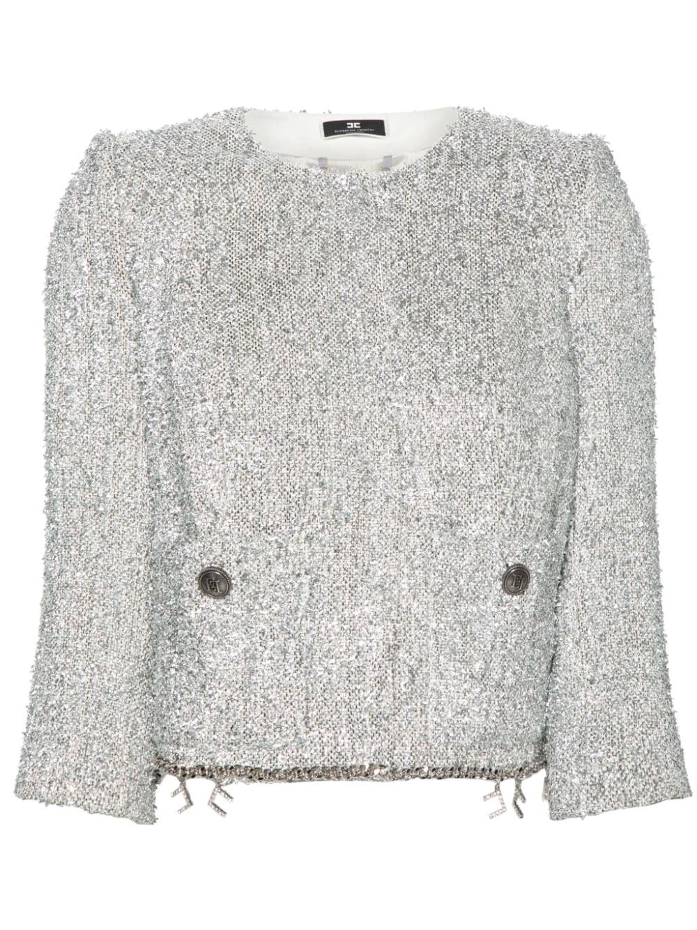 Shop Elisabetta Franchi Tweed Cropped Jacket In Silver