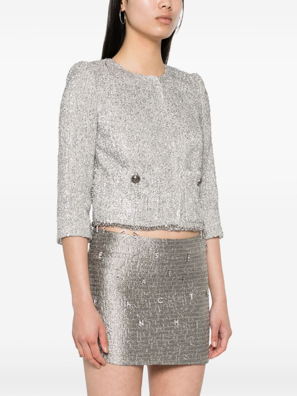 Shop Elisabetta Franchi Tweed Cropped Jacket In Silver