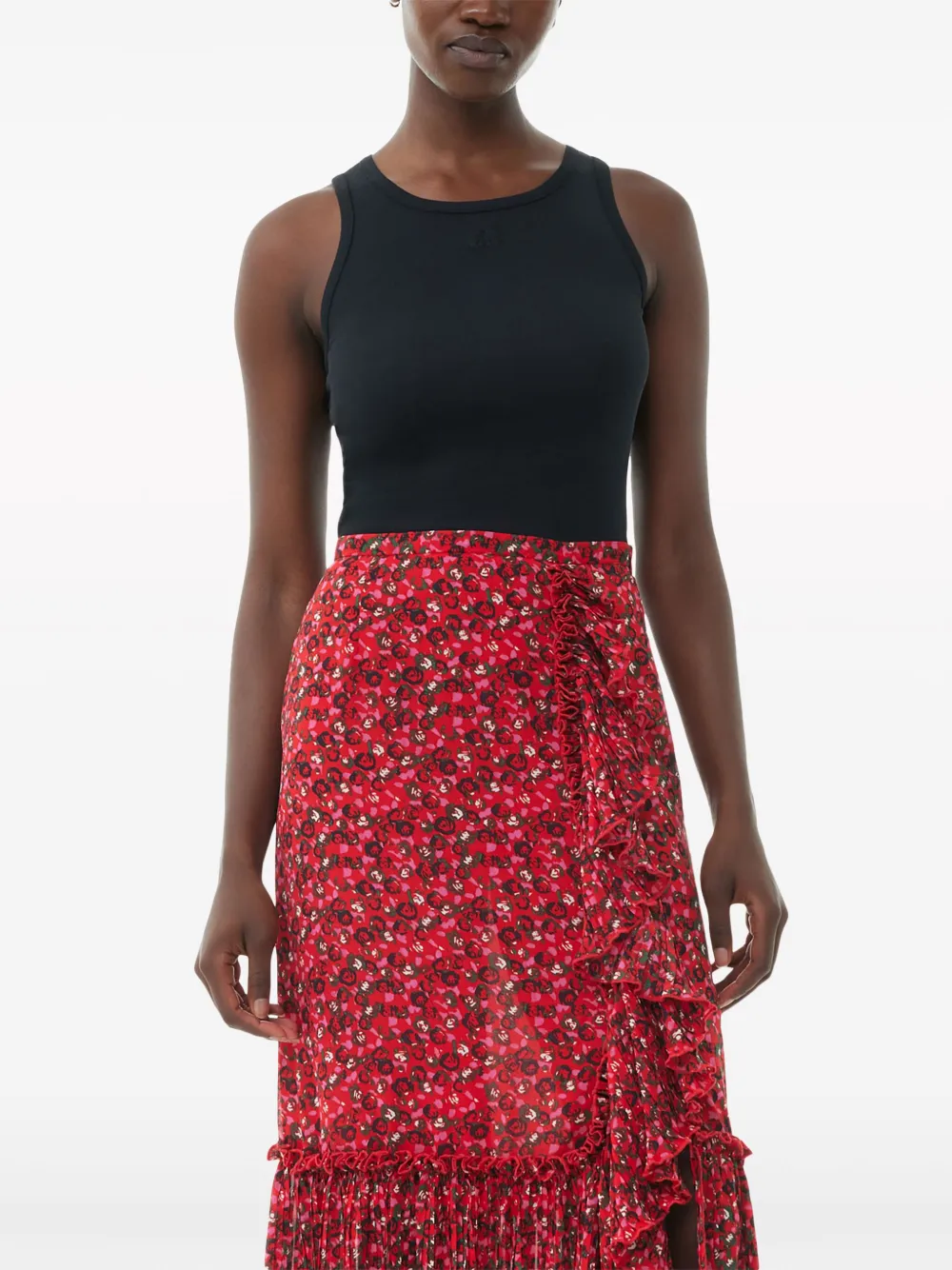 GANNI Midi-rok met bloemenprint en ruches Rood