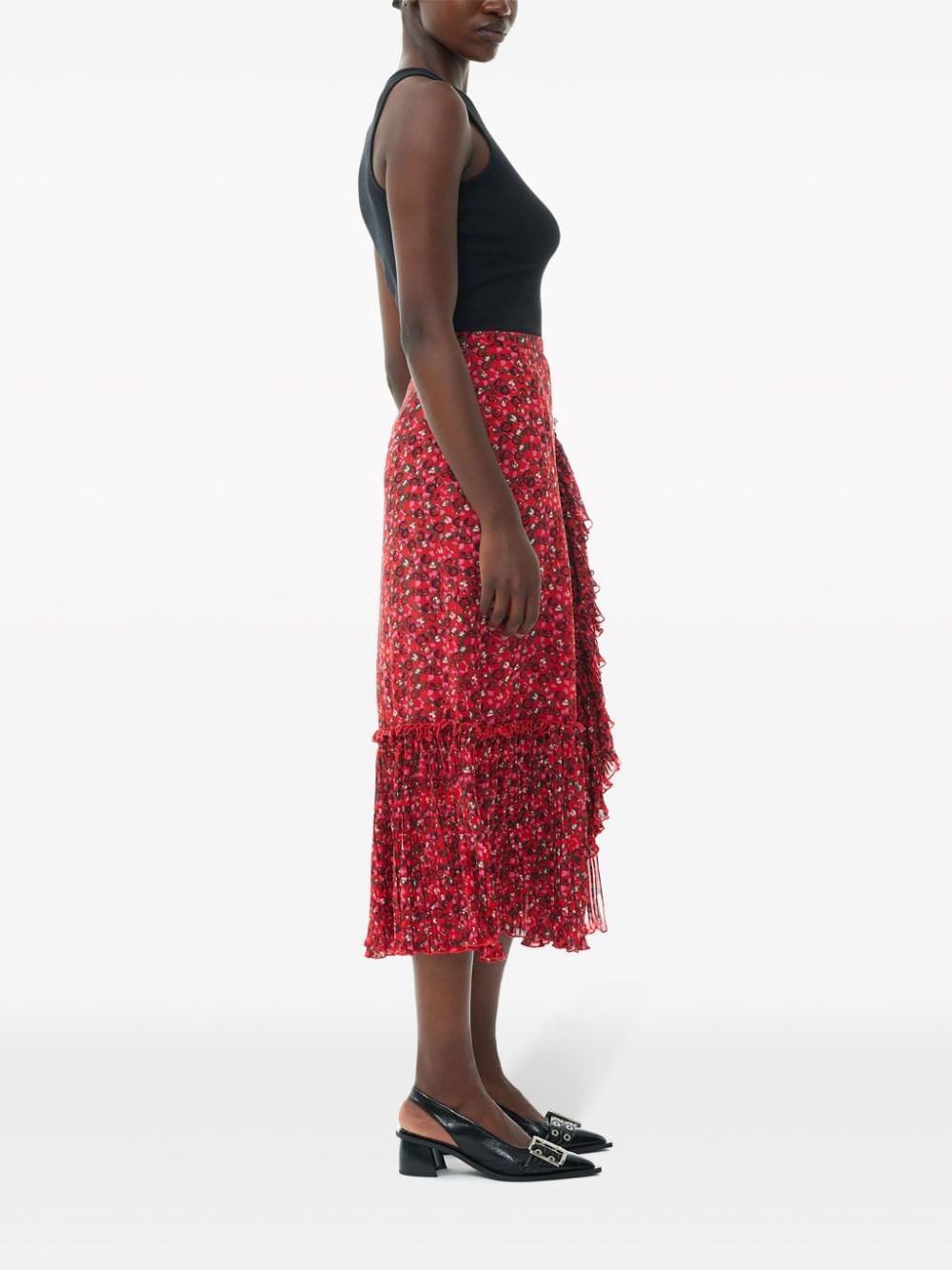 Shop Ganni Ruffle-detail Floral-print Georgette Midi Skirt In Rot