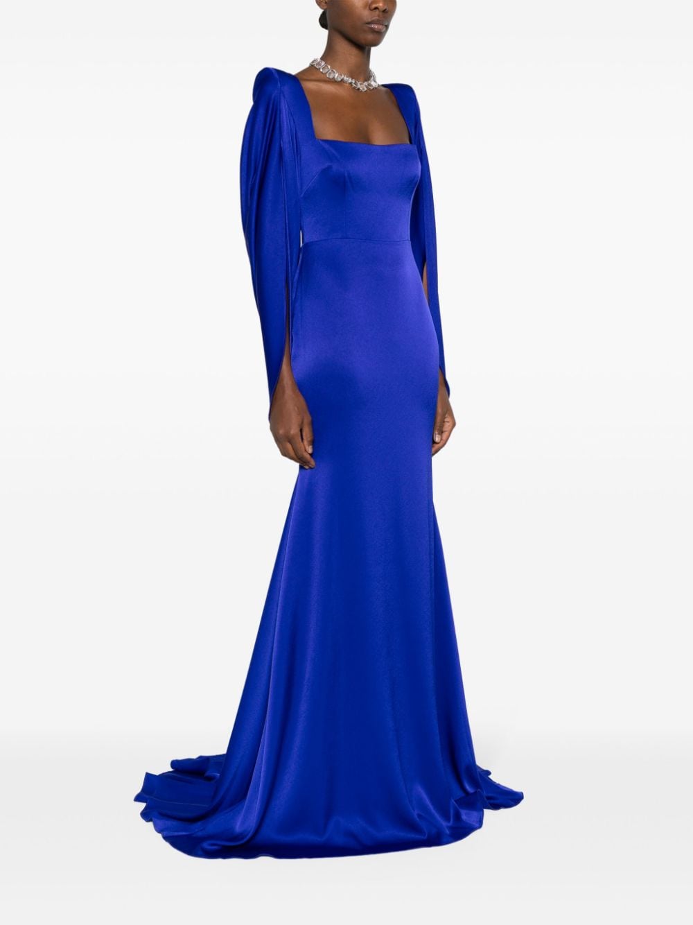 Shop Alex Perry Satin-finish Cape Gown In Blue