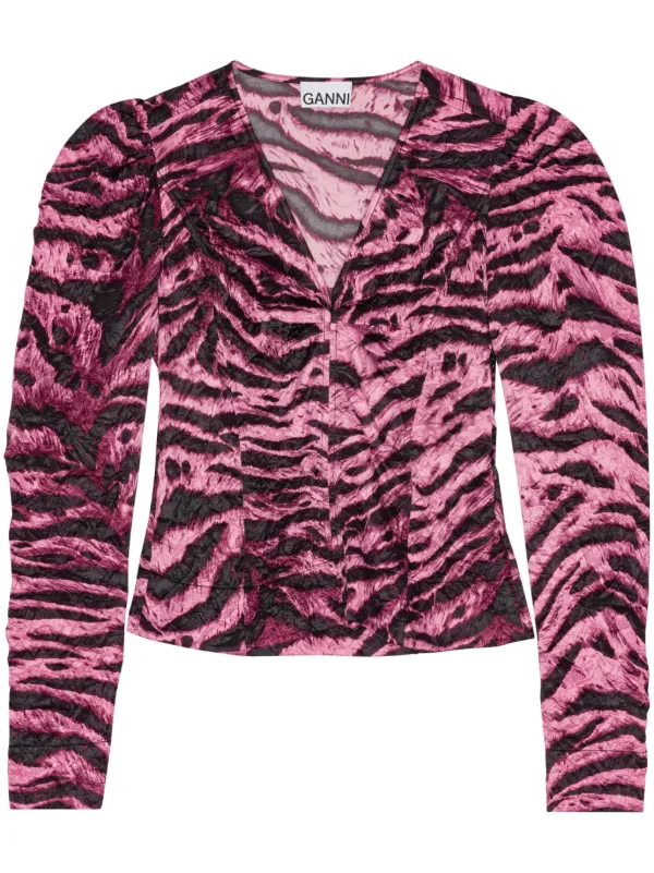 トップス GANNI Tiger-Print Crinkled Satin Shirt GANNI Tiger-Print Crinkled Satin Shirt