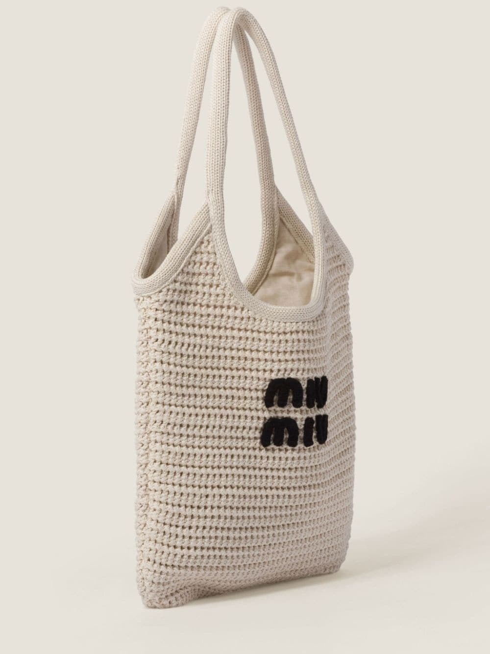 Shop Miu Miu Logo-embroidered Interwoven Tote Bag In Neutrals