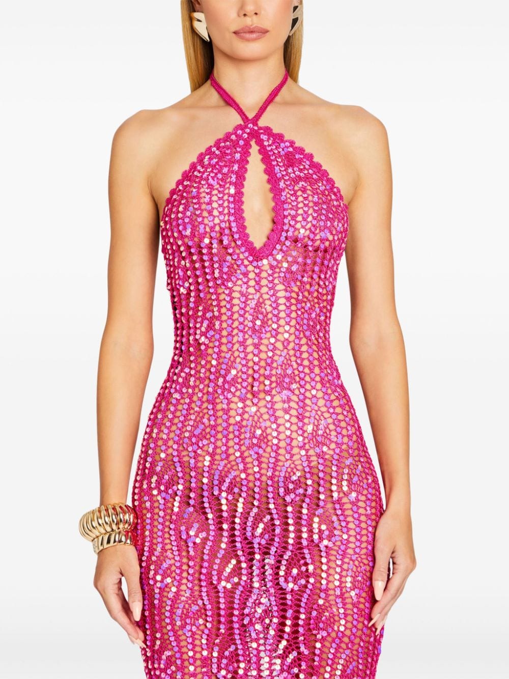 Shop Retroféte Massie Sequin Crochet Halterneck Dress In Pink