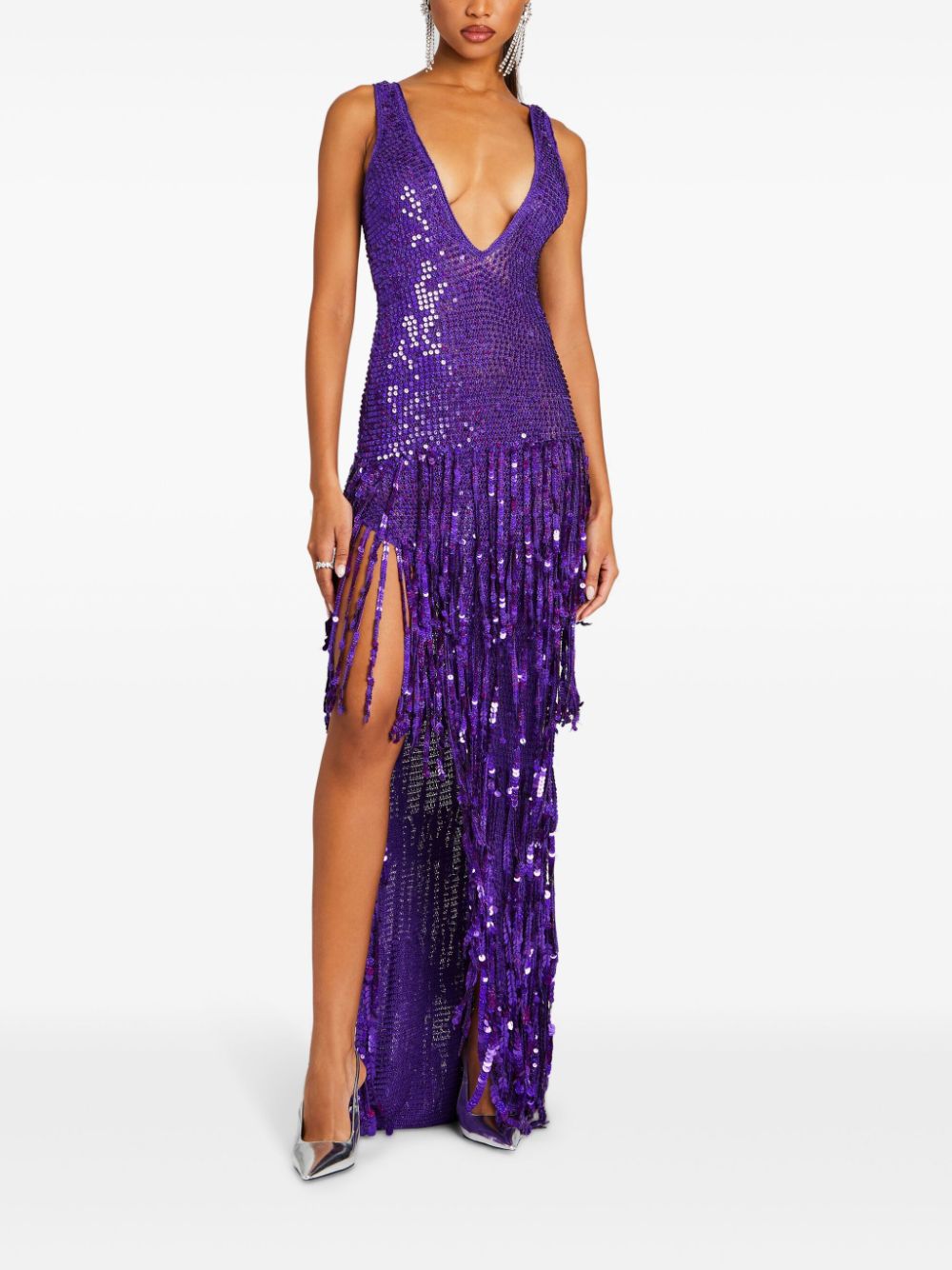 Shop Retroféte Libra Fringed Sequin Crochet Dress In Purple