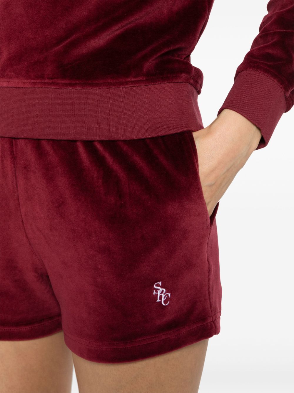 Shop Sporty And Rich Src Velour Mini Shorts In Red