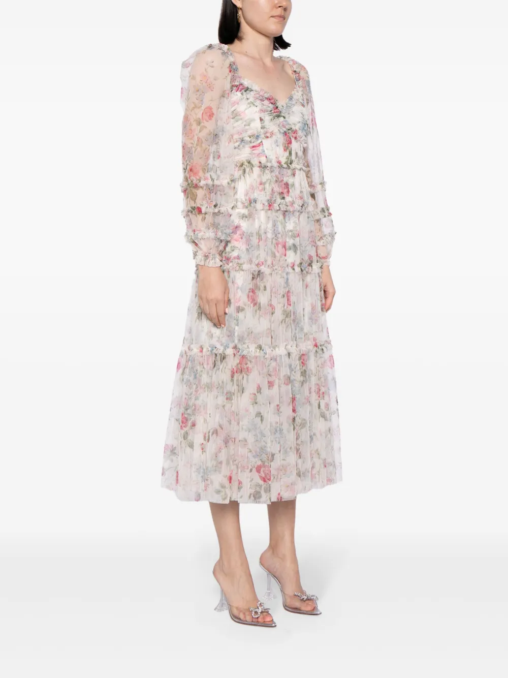Needle & Thread Floral Fantasy Printed Tulle Midi Dress In Neutrals
