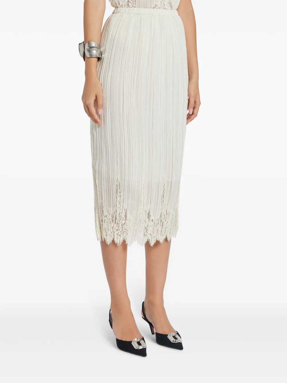lace panel pleated midi skirt