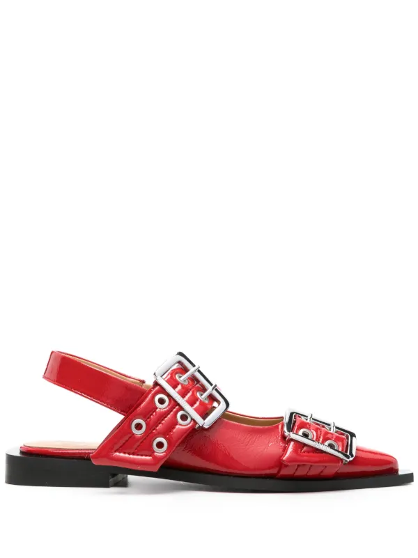 GANNI Wide Welt バックル フラットパンプス | レッド | FARFETCH JP