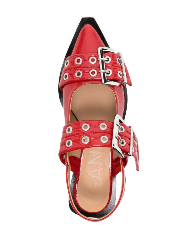 GANNI Wide Welt Buckled Ballerina Shoes | Red | FARFETCH