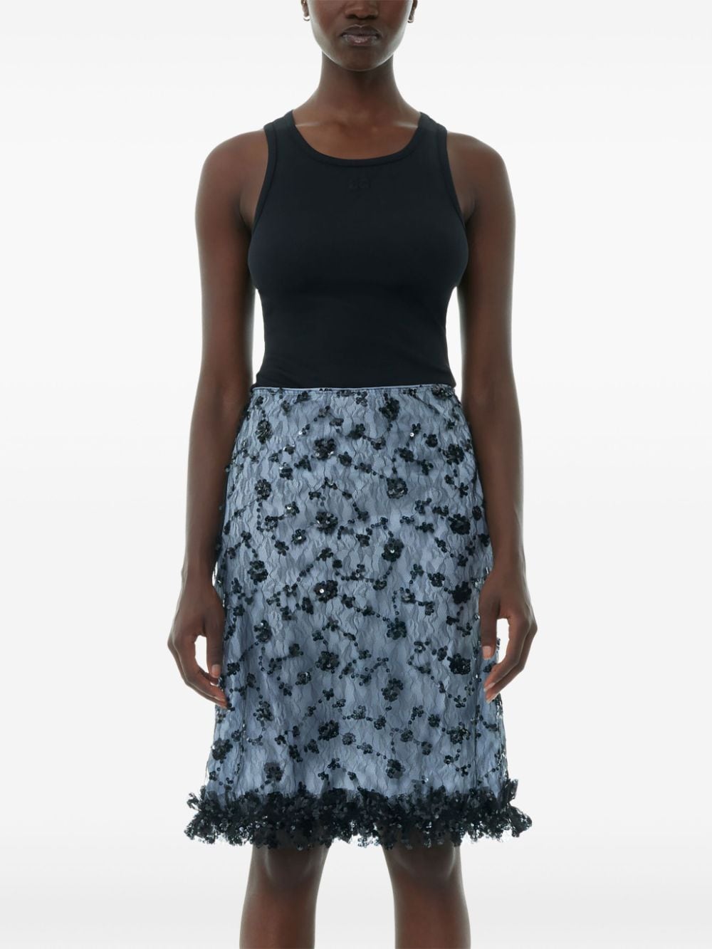 Shop Ganni Sequinned Tulle Skirt In Blue