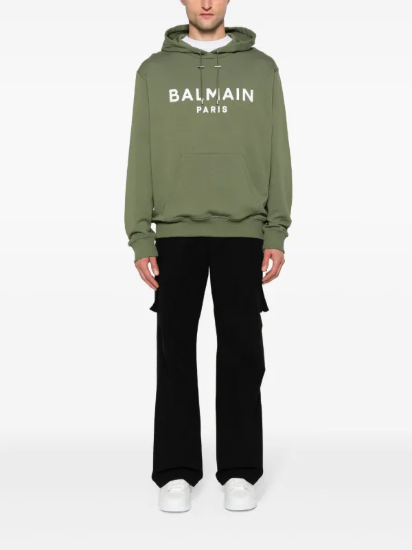 【BALMAIN】logo hoodie（関税込み） Balmain logo-print Cotton Hoodie | Green | FARFETCH IN