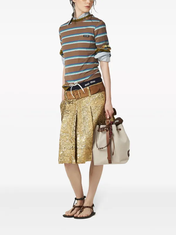 ◆MiuMiu 最新作◆コットン ストライプ Tシャツ/Brown◆ Miu Miu logo-patch Striped T-shirt | Brown | FARFETCH