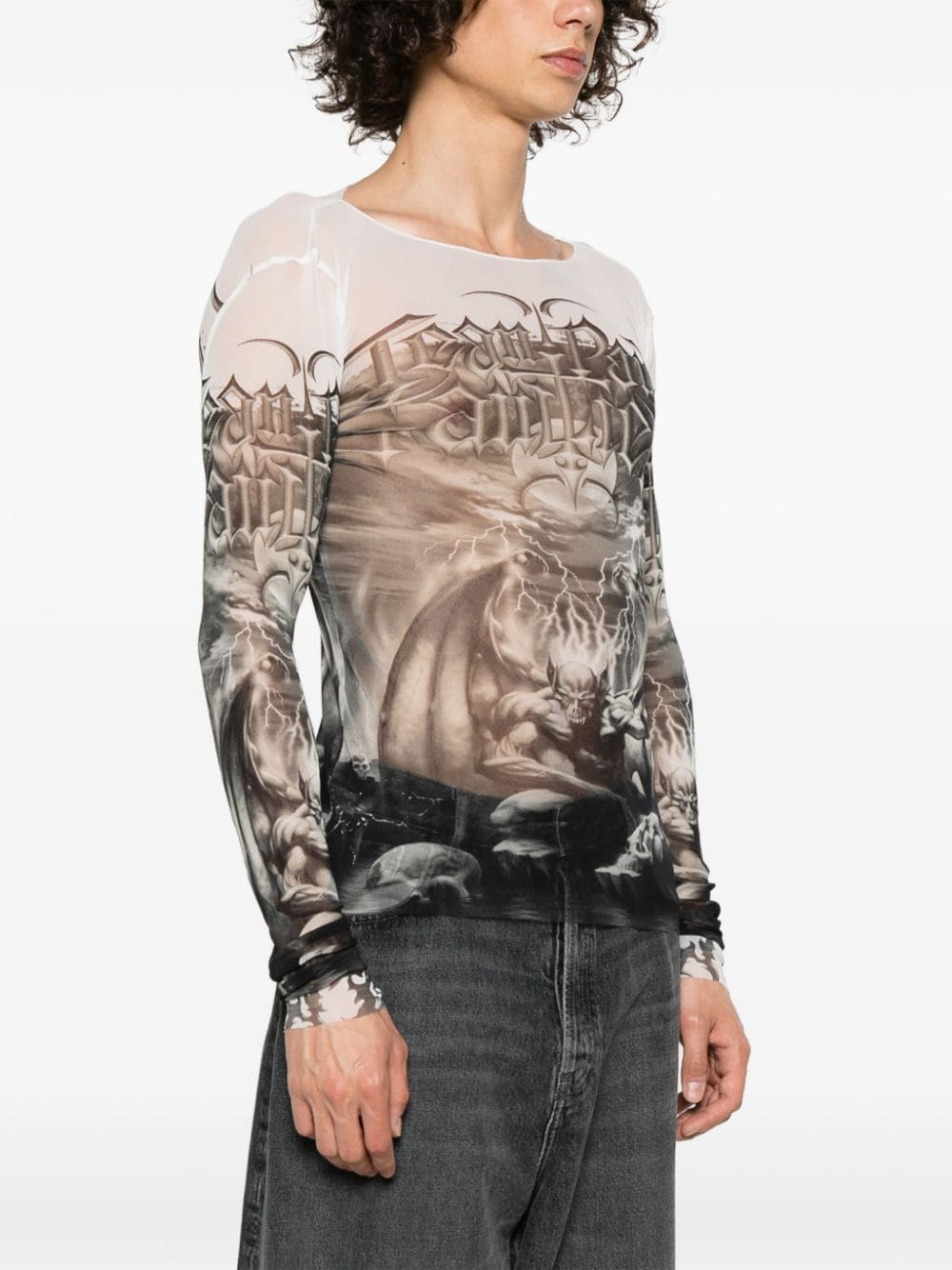 Shop Jean Paul Gaultier Diablo-print Mesh T-shirt In 灰色