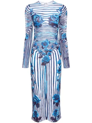 jean paul gaultier flower body morphing long sleeve dress Jean Paul Gaultier Flower Body Morphing Midi Dress | White