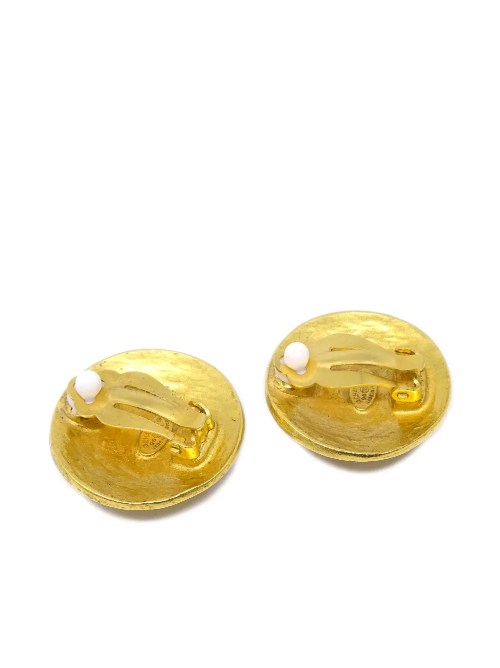 Pre-owned Chanel 1996 Cc-embossed Button Clip-on Earrings In Gold