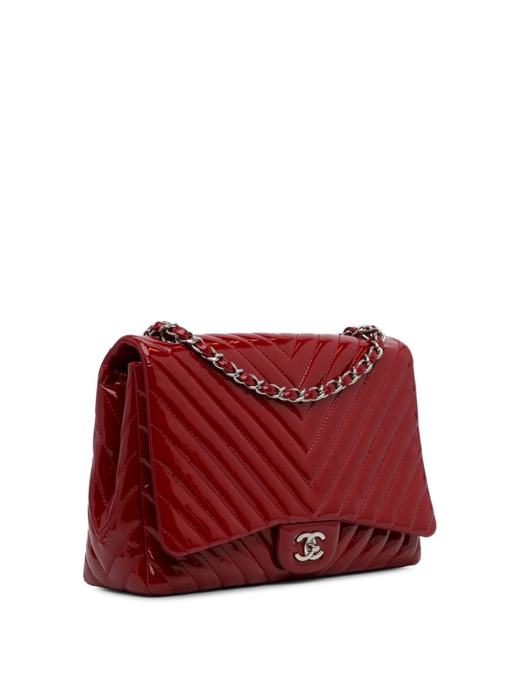 Pre-owned Chanel 2009-2010   Jumbo Chevron Patent Single Flap Shoulder Bag In 红色