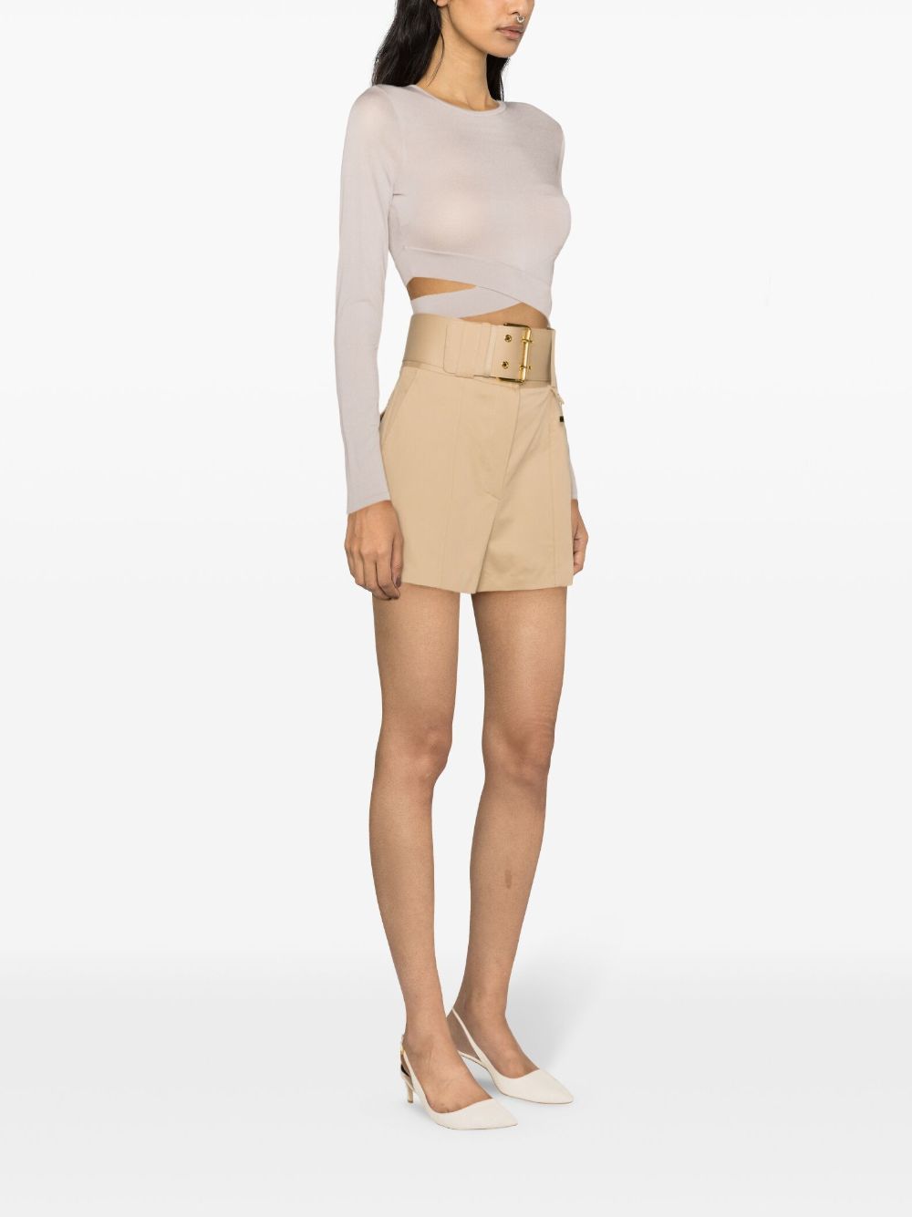 Shop Elisabetta Franchi High-waisted Belted Mini Shorts In Neutrals