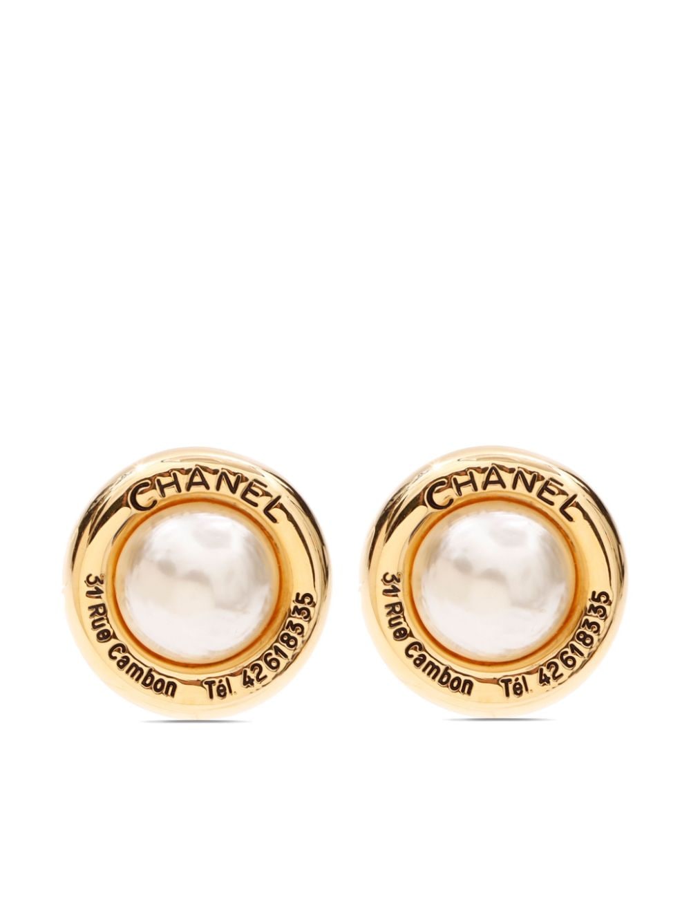Pre-owned Chanel 1990 Faux-pearl Stud Clip-on Earrings In Gold