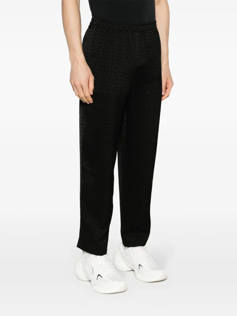 Shop Balmain Monogram-jacquard Satin Trousers In Black
