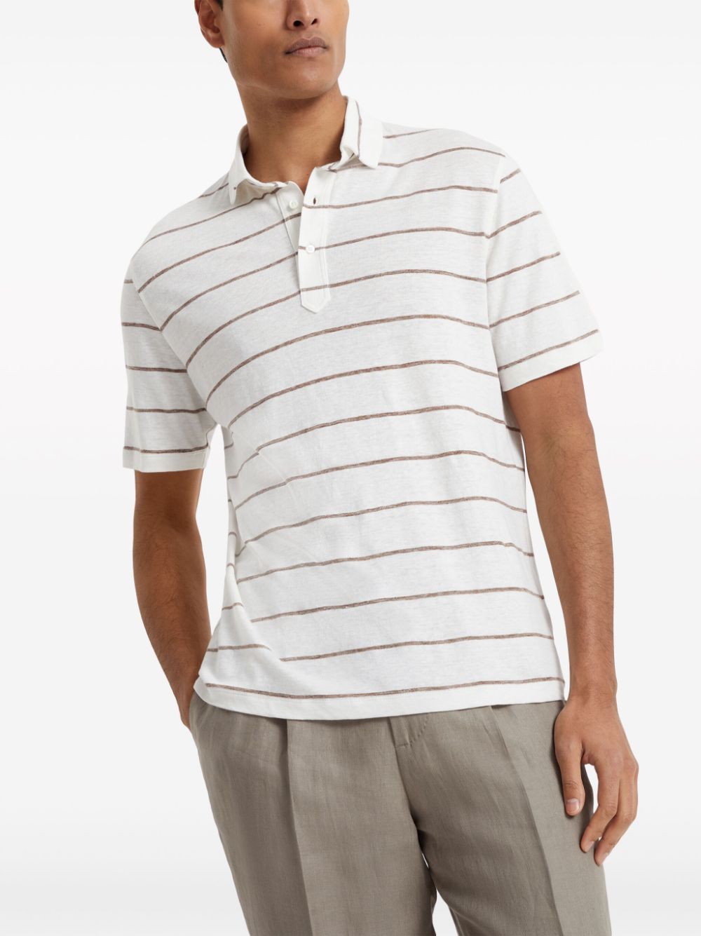 Shop Brunello Cucinelli Striped Linen-cotton Polo Shirt In White