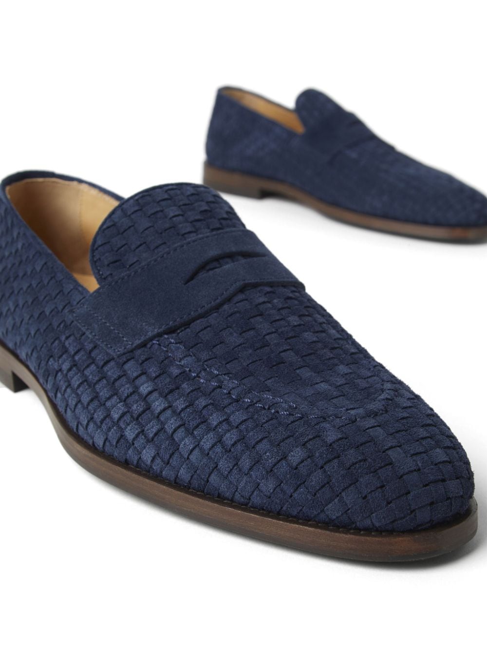 Shop Brunello Cucinelli Woven Suede Loafers In Blue