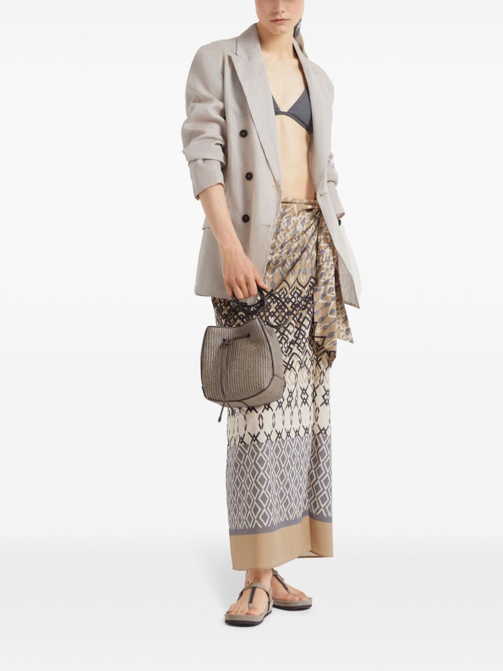 Shop Brunello Cucinelli Geometric-print Cotton Maxi Skirt In Brown