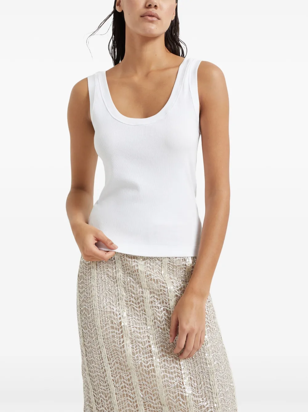 Brunello Cucinelli Geribbelde tanktop met monili kralen Wit