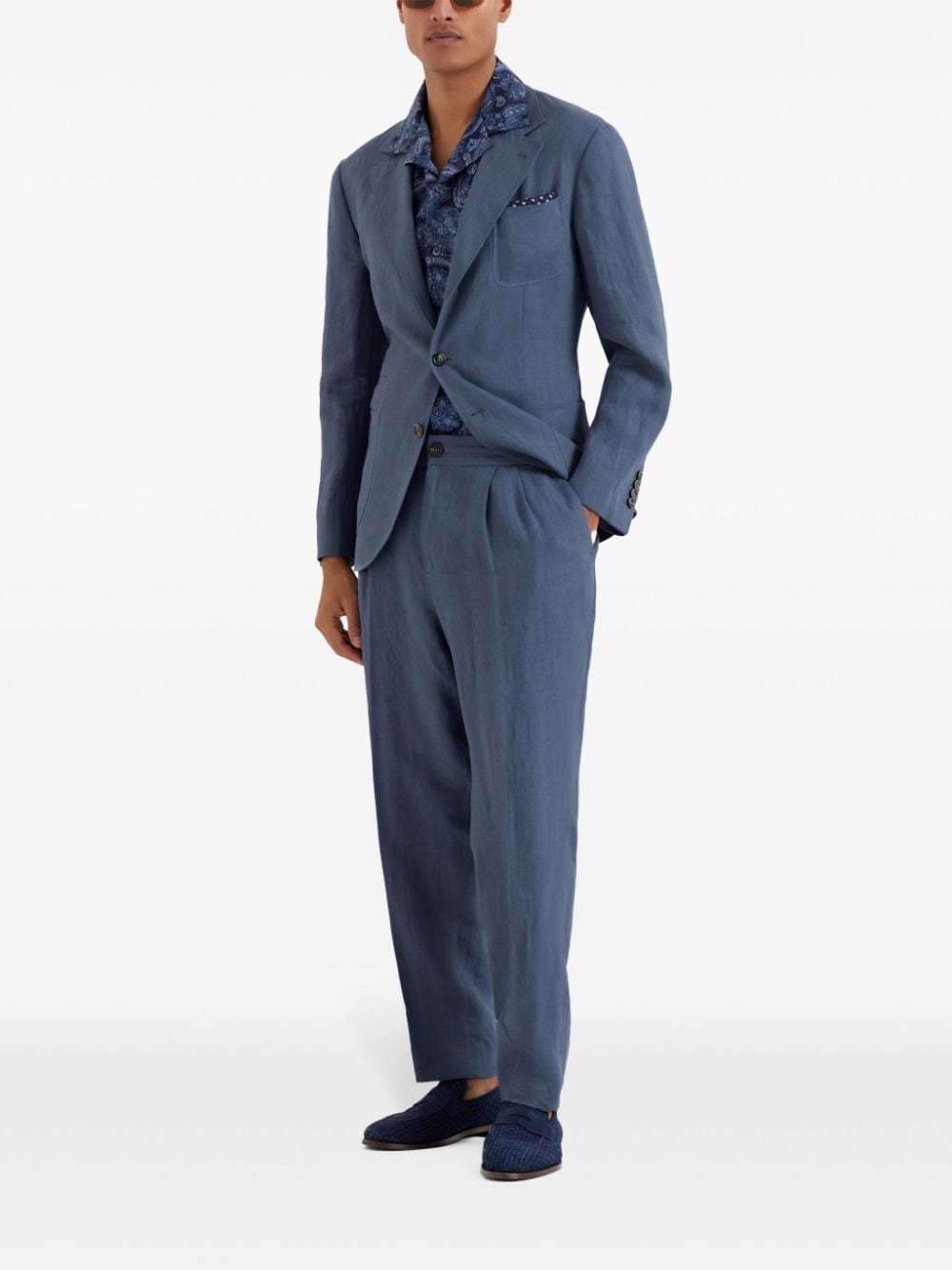 Shop Brunello Cucinelli Linen Straight-leg Trousers In Blue