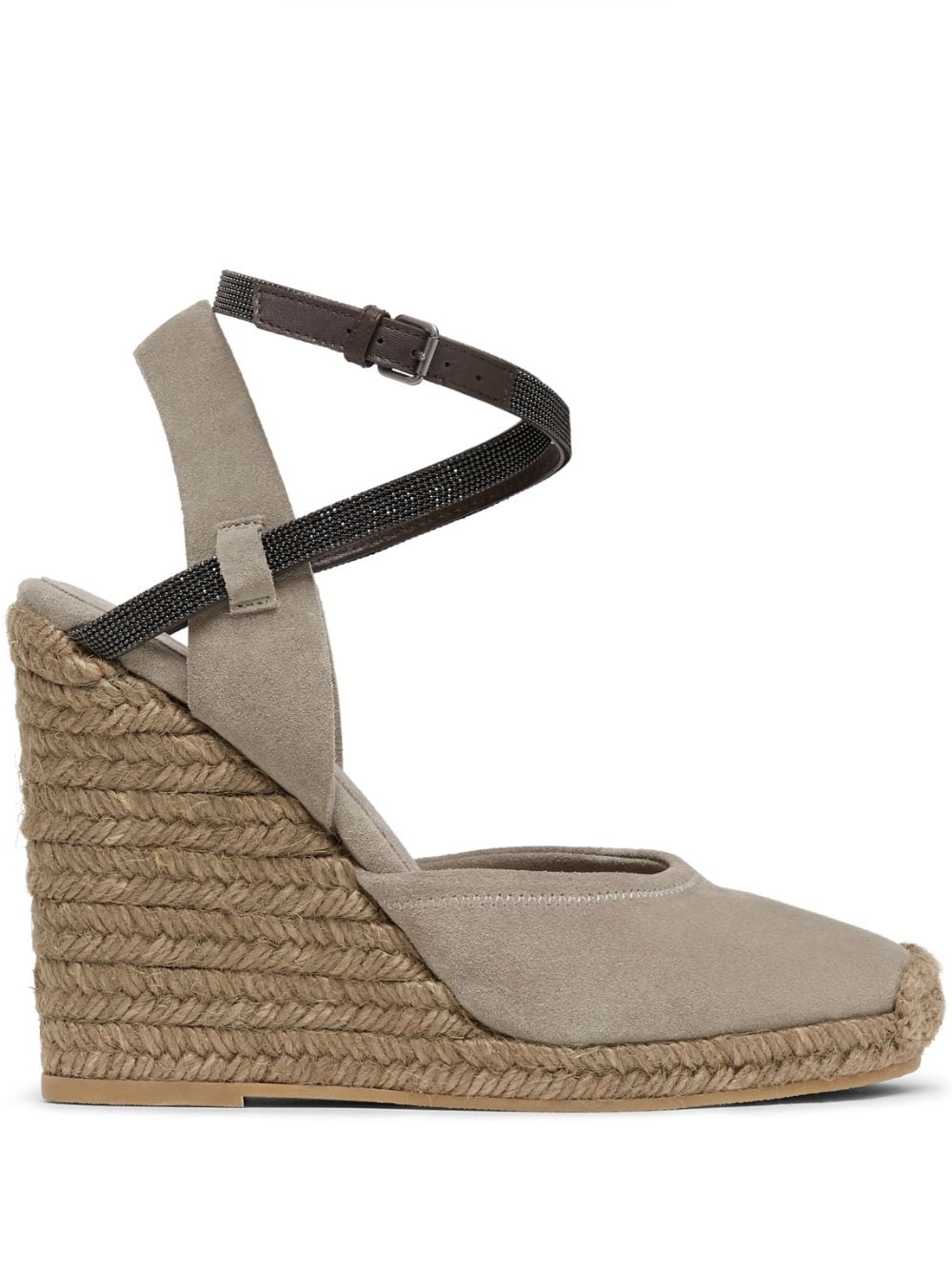 BRUNELLO CUCINELLI MONILI-EMBELLISHED SUEDE WEDGE SANDALS