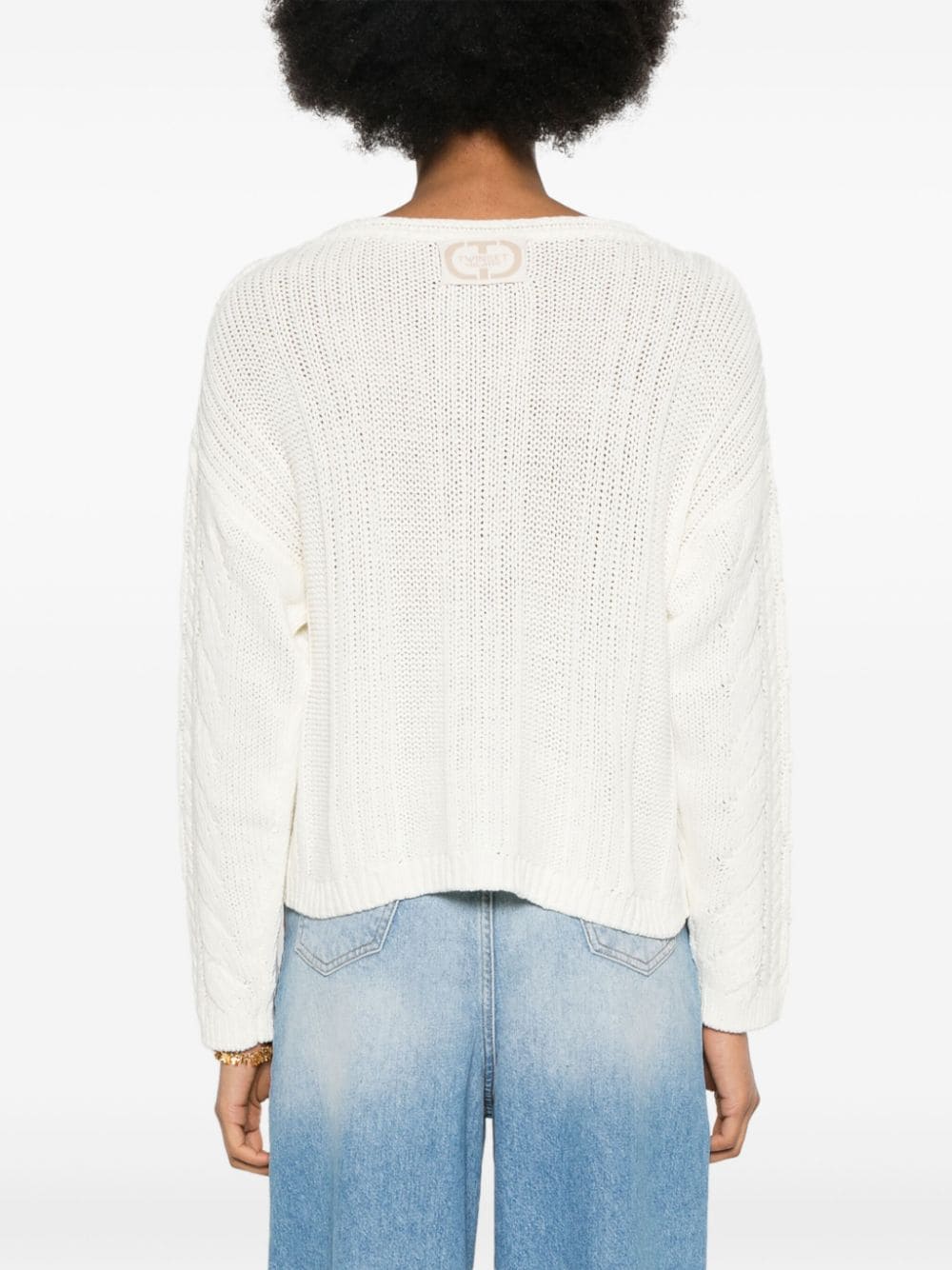 Shop Twinset Logo-patch Cable-knit Jumper In White