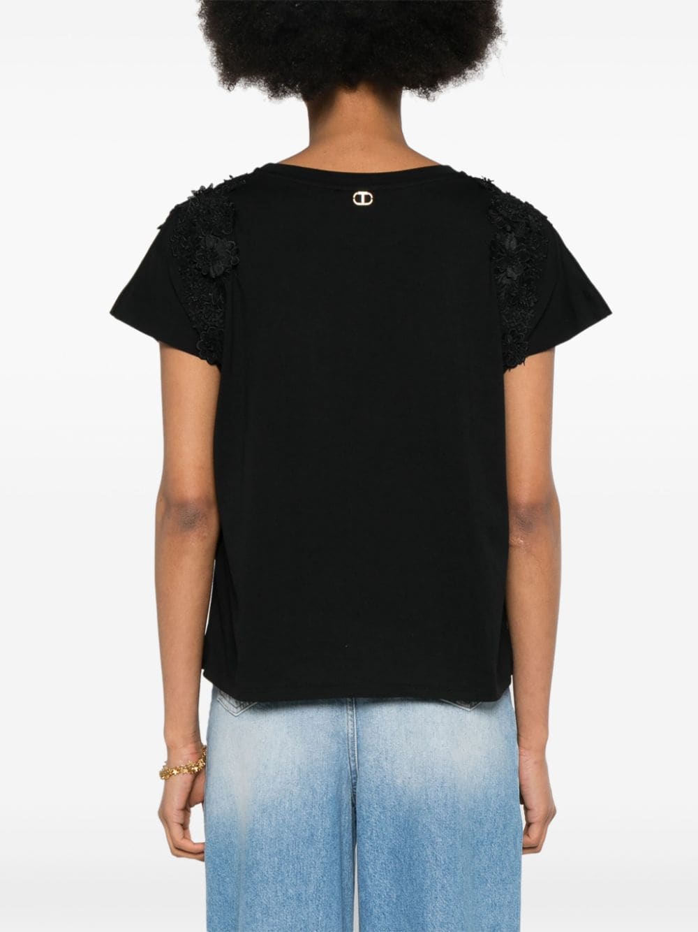 Shop Twinset Floral-appliqué Cotton T-shirt In Black
