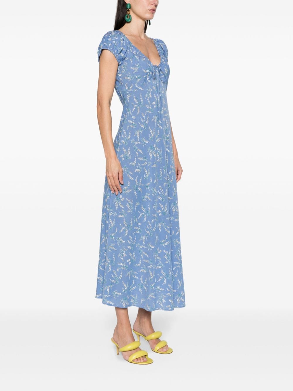 Shop Doen Wide-neck Floral-print Midi Dress In Blue