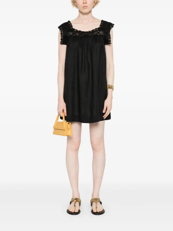 chinese dress ladies DEN Almadia Crochet-Trimmed Ramie Mini Dress - Women - Black Dresses
