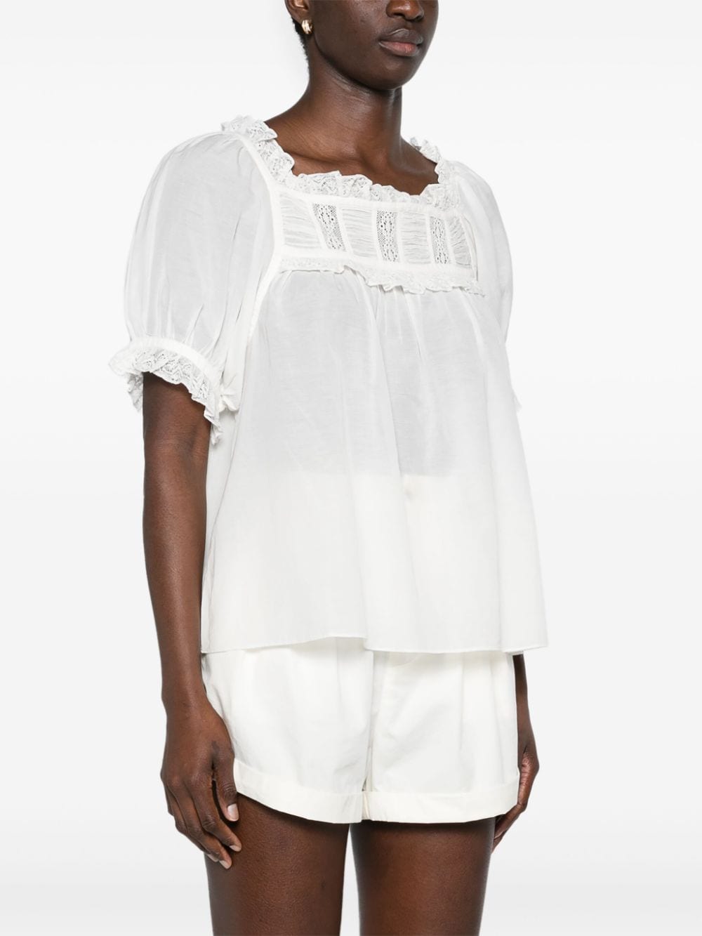 Shop Doen Lace-detailed Puff-sleeve Blouse In White