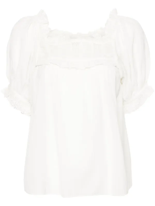 Dôen Frances Lace-detailed Puff-sleeve Blouse in White