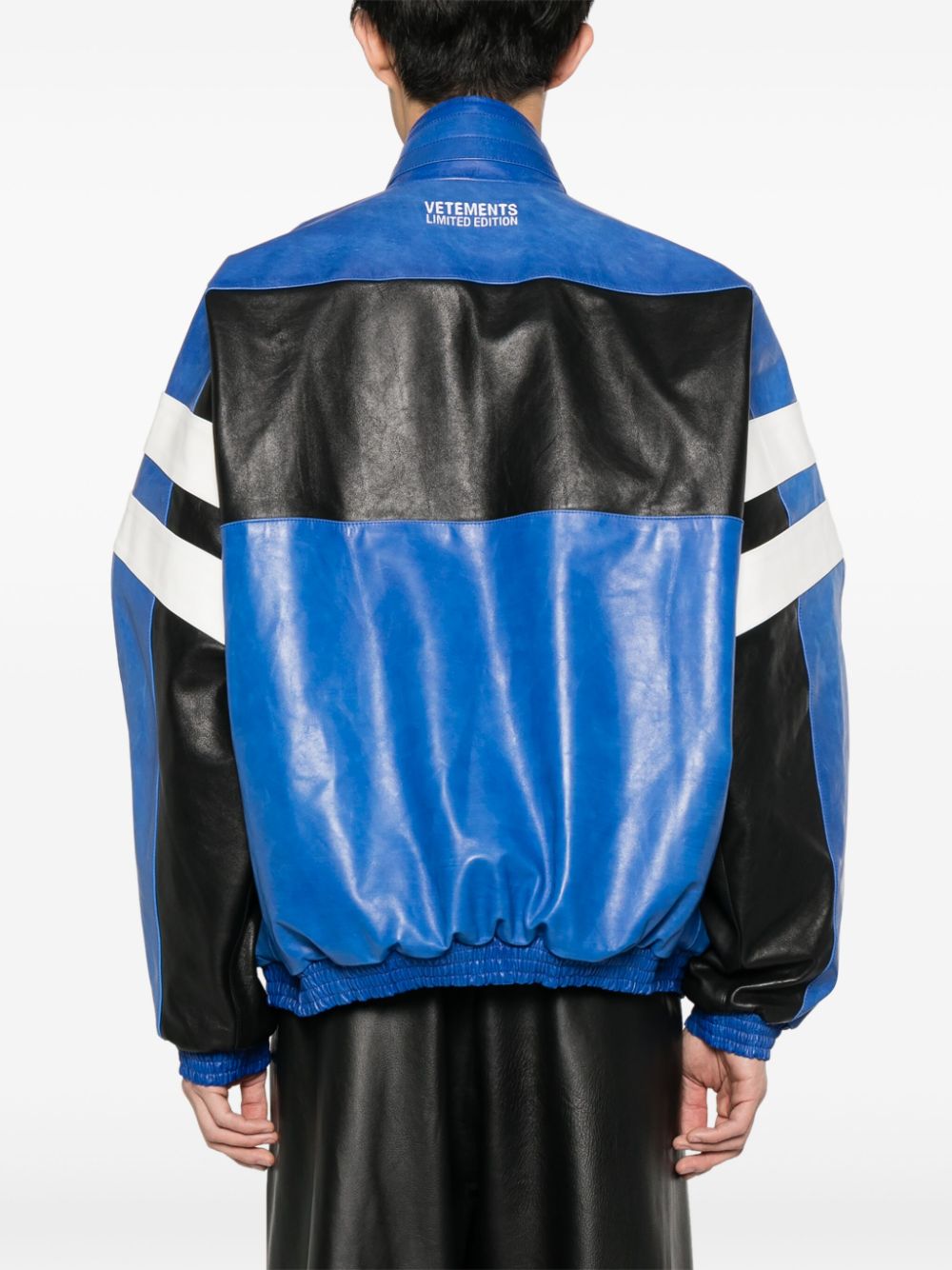 Shop Vetements Logo-embroidered Leather Jacket In Blue