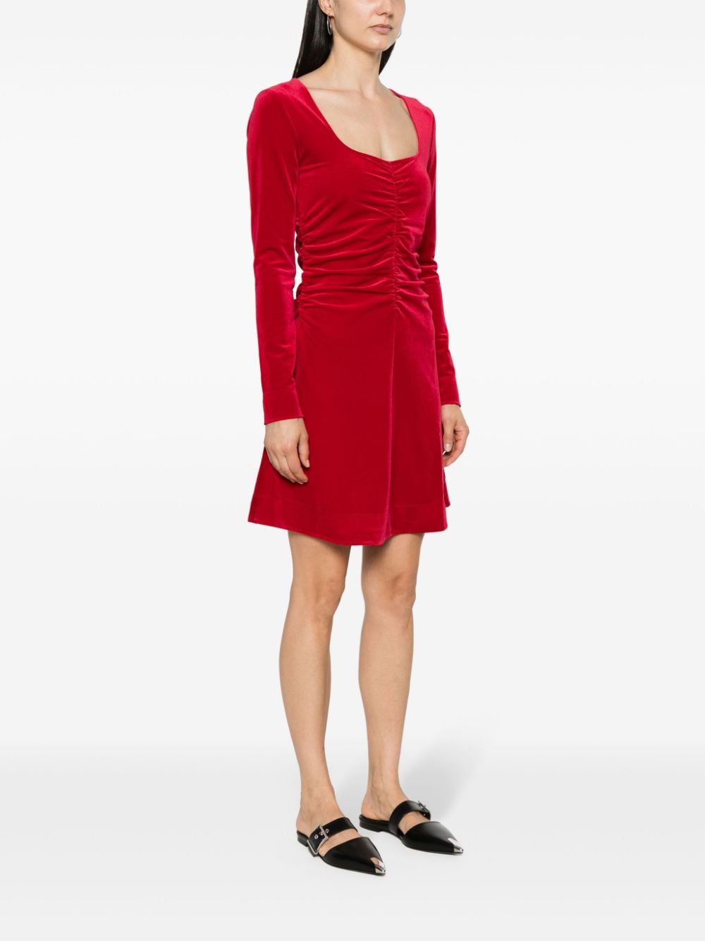 Shop Ganni Velvet Ruched Mini Dress In Red