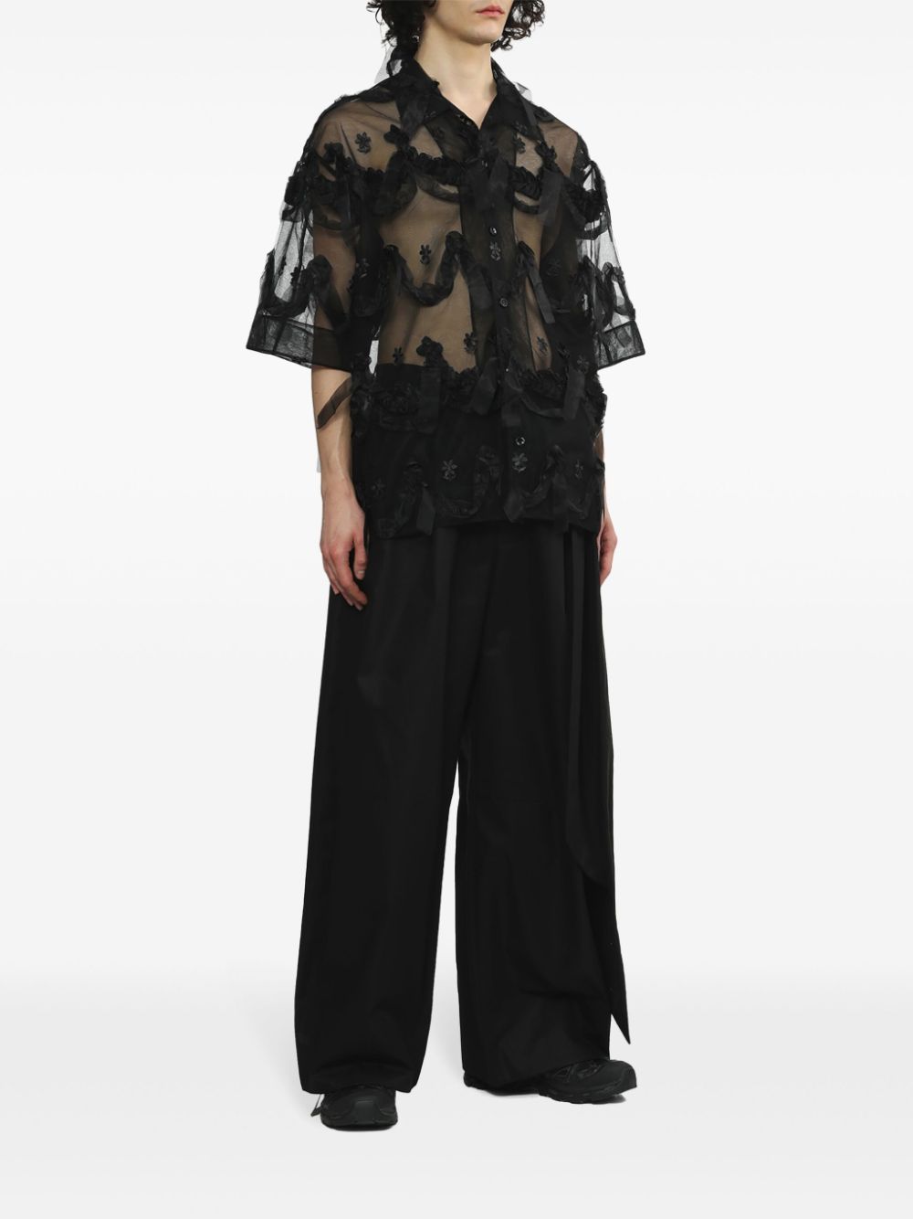 Shop Simone Rocha Floral-embroidered Tulle Shirt In Black