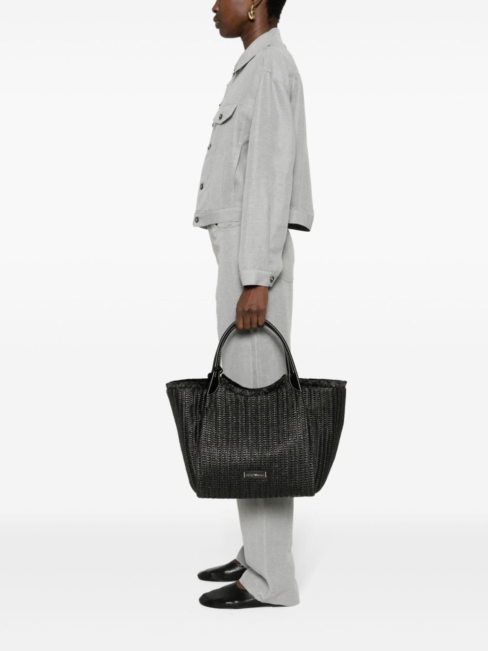 Shop Emporio Armani Logo-charm Interwoven Tote Bag In Black