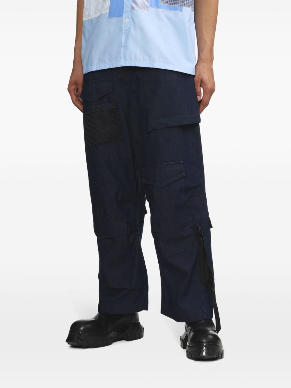 Shop Junya Watanabe Wide-leg Cotton Cargo Trousers In Blue