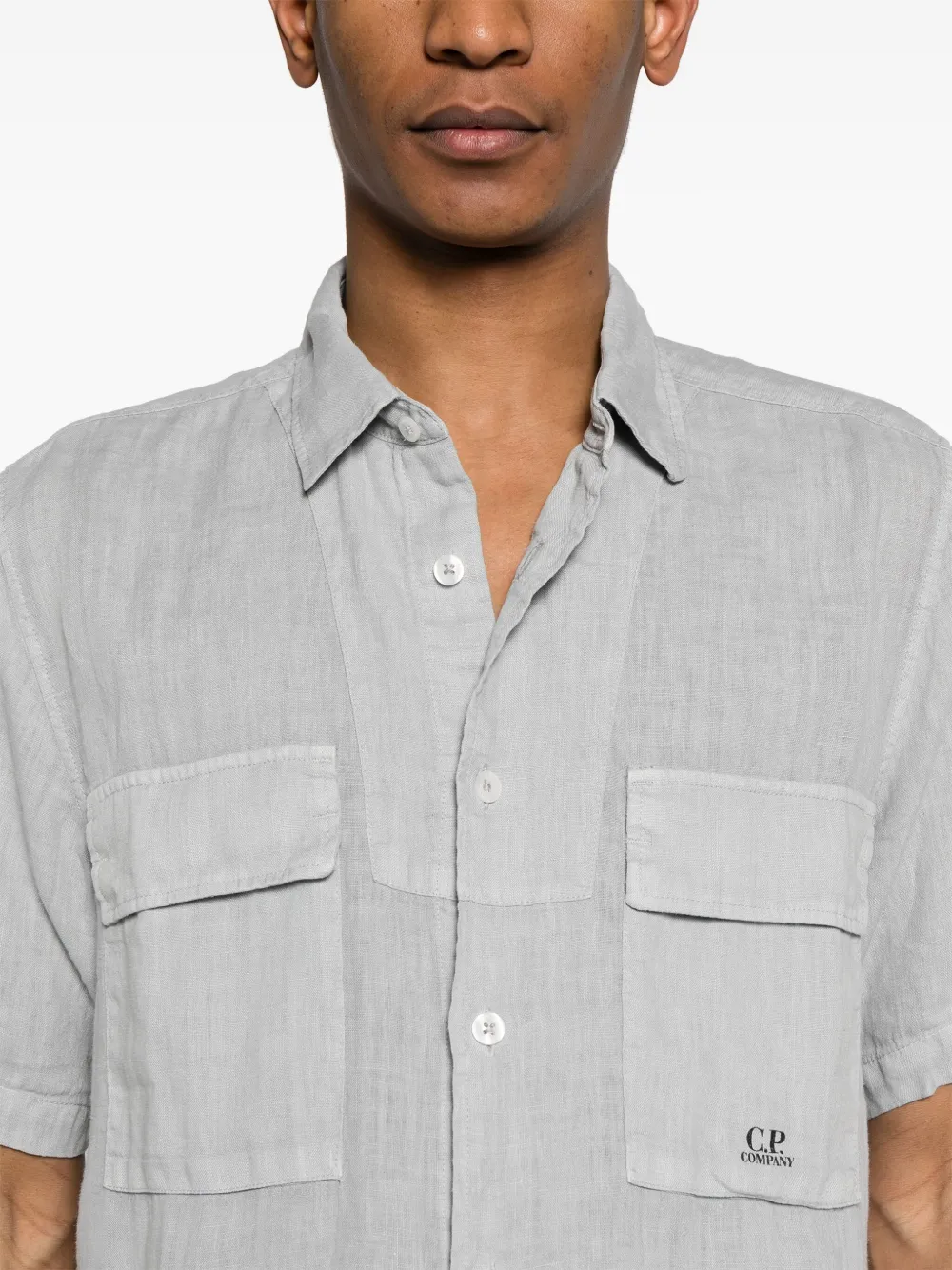 Shop C.p. Company Logo-print Linen Shirt In Grey